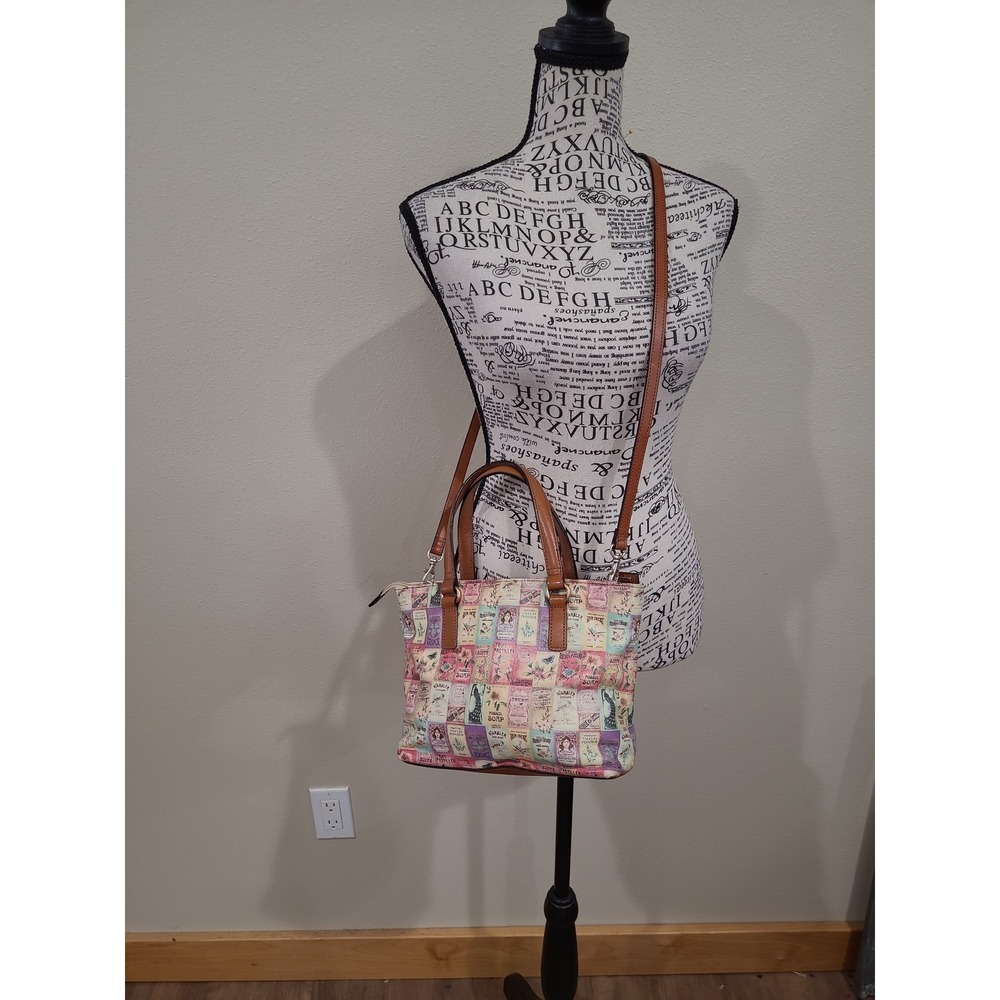 Fossil Crossbody Purse Tote Vintage‎ Soap Label design print multi pocket boho